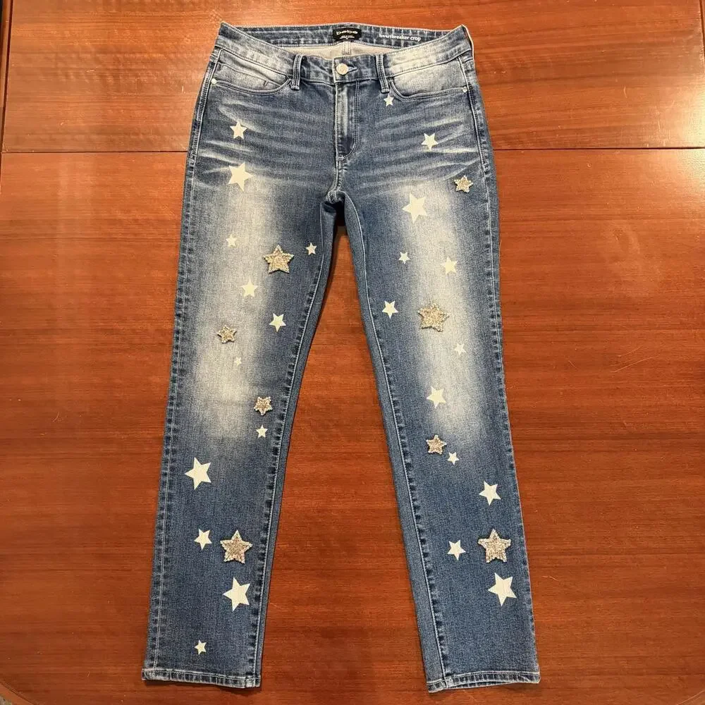 Bebe Heartbreaker Crop Stars Jeans Constellation Wash Embellished Rhinestone 28 - Picture 3 of 16